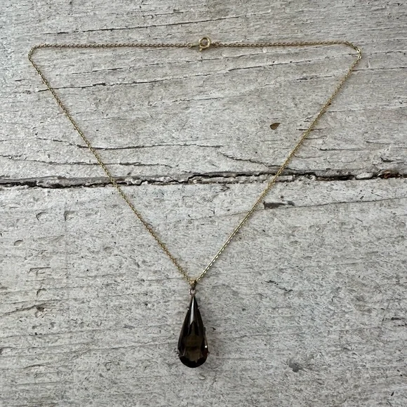 Vintage Sterling Modernist Smokey Quartz Pendant With Gold Tone Chain